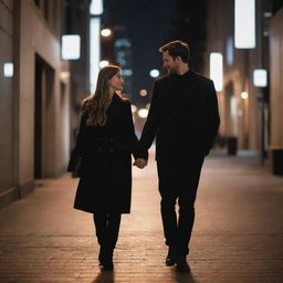 A modern day romantic scene featuring a couple in a stylish urban setting, illuminated by city lights. They're holding hands and sharing an intimate moment.