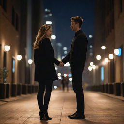 A modern day romantic scene featuring a couple in a stylish urban setting, illuminated by city lights. They're holding hands and sharing an intimate moment.