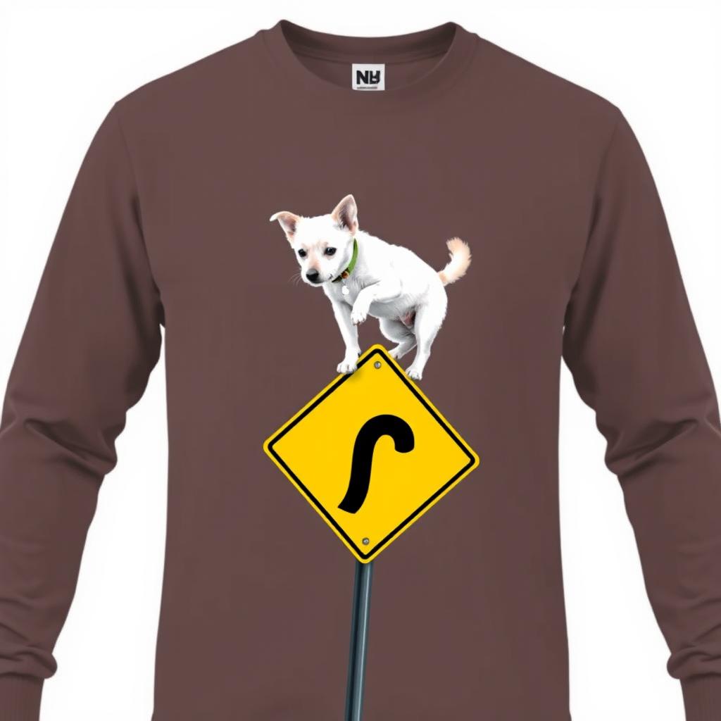 A long-sleeve shirt featuring an image of a white dog playfully perched atop a street intersection sign