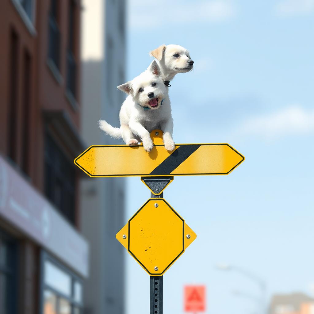 A long-sleeve shirt featuring an image of a white dog playfully perched atop a street intersection sign