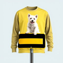 A long-sleeve shirt featuring an image of a white dog playfully perched atop a street intersection sign