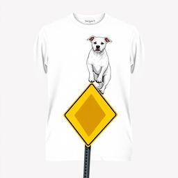 A long-sleeve shirt featuring an image of a white dog playfully perched atop a street intersection sign