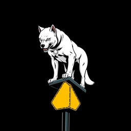 A long-sleeve t-shirt featuring a fierce white dog standing atop a street intersection sign