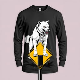 A long-sleeve t-shirt featuring a fierce white dog standing atop a street intersection sign