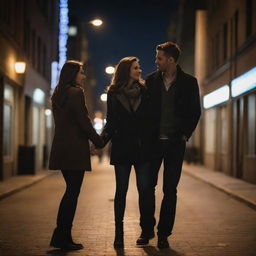 A modern day romantic scene featuring a couple in a stylish urban setting, illuminated by city lights. They're holding hands and sharing an intimate moment.