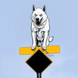 A long-sleeve t-shirt featuring a fierce white dog standing atop a street intersection sign