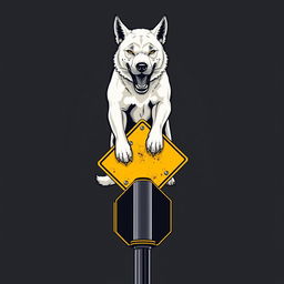 A long-sleeve t-shirt featuring a fierce white dog standing atop a street intersection sign