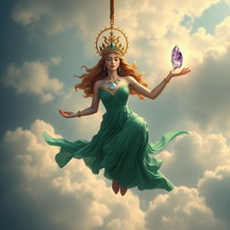 An enchanting depiction of the Goddess of Spiritual Insight, gracefully suspended from an aerial rope