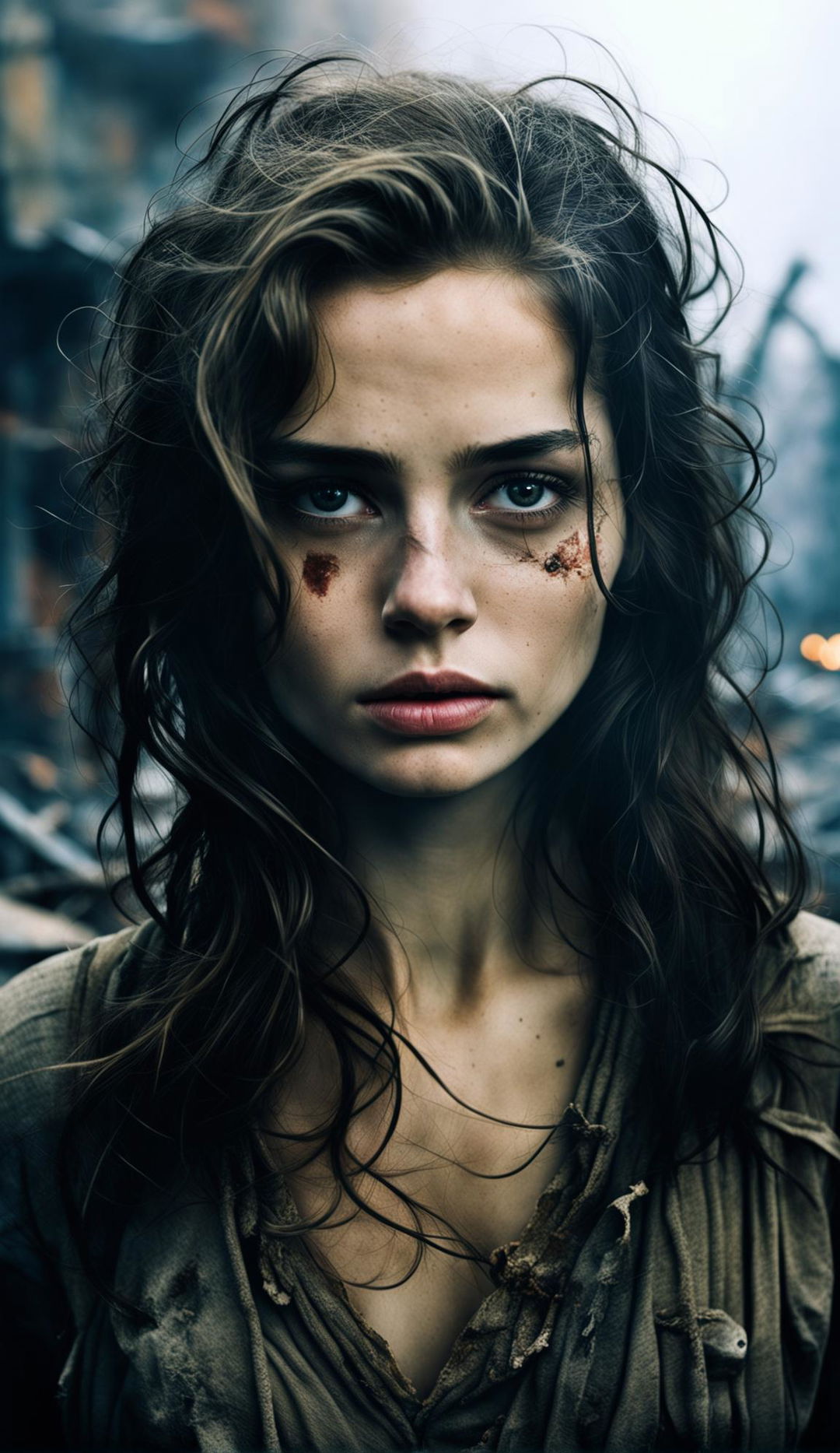 16k resolution photograph of a sad 23-year-old woman with pale hazel green eyes and messy dark hair, set against a war-torn background. The image is low-lit and sharply focussed on her symmetrical face, reminiscent of James Nachtwey's photography.