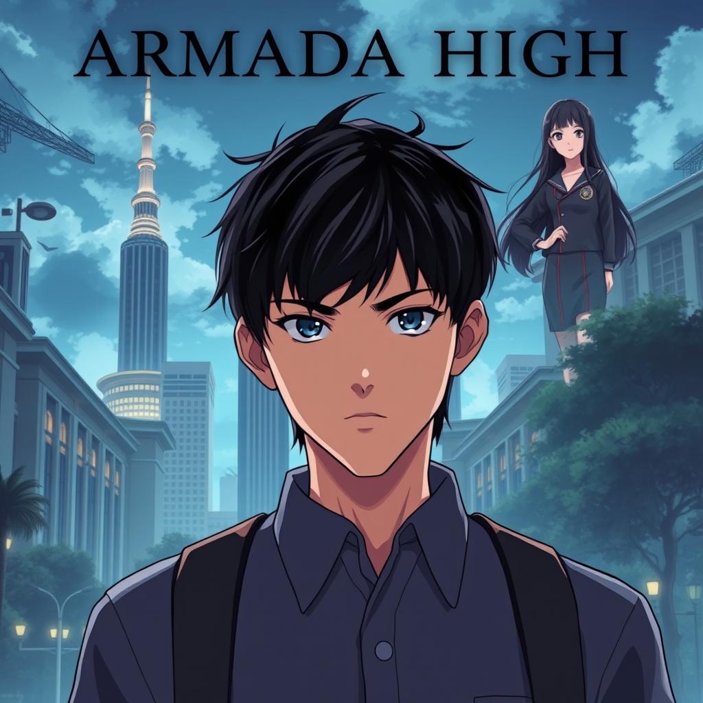 Anime-style novel cover depicting Armada High, a grand and modern school located in the heart of Surabaya