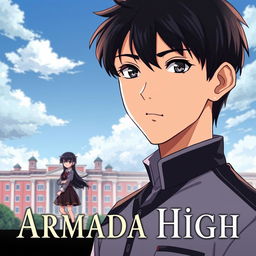 Anime-style novel cover depicting Armada High, a grand and modern school located in the heart of Surabaya