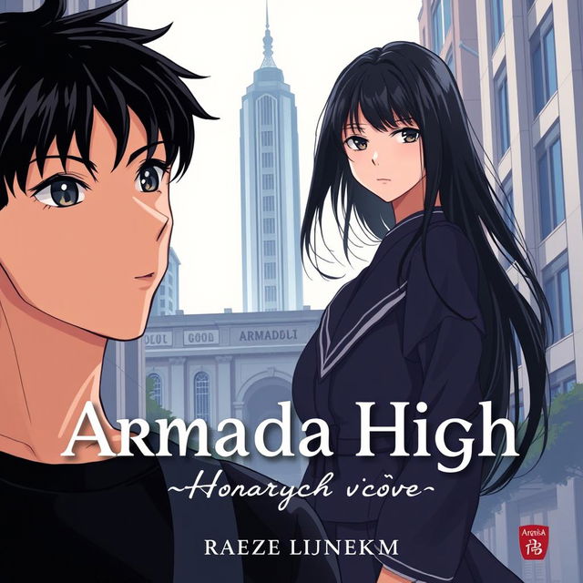 Anime-style novel cover depicting Armada High, a grand and modern school located in the heart of Surabaya