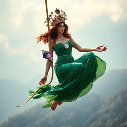 A captivating image of the Goddess of Spiritual Insight, gracefully hanging from an aerial rope tied around her waist