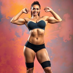 A confident athletic woman with three breasts and a pronounced bubble butt, showcasing her fit physique in tight booty shorts