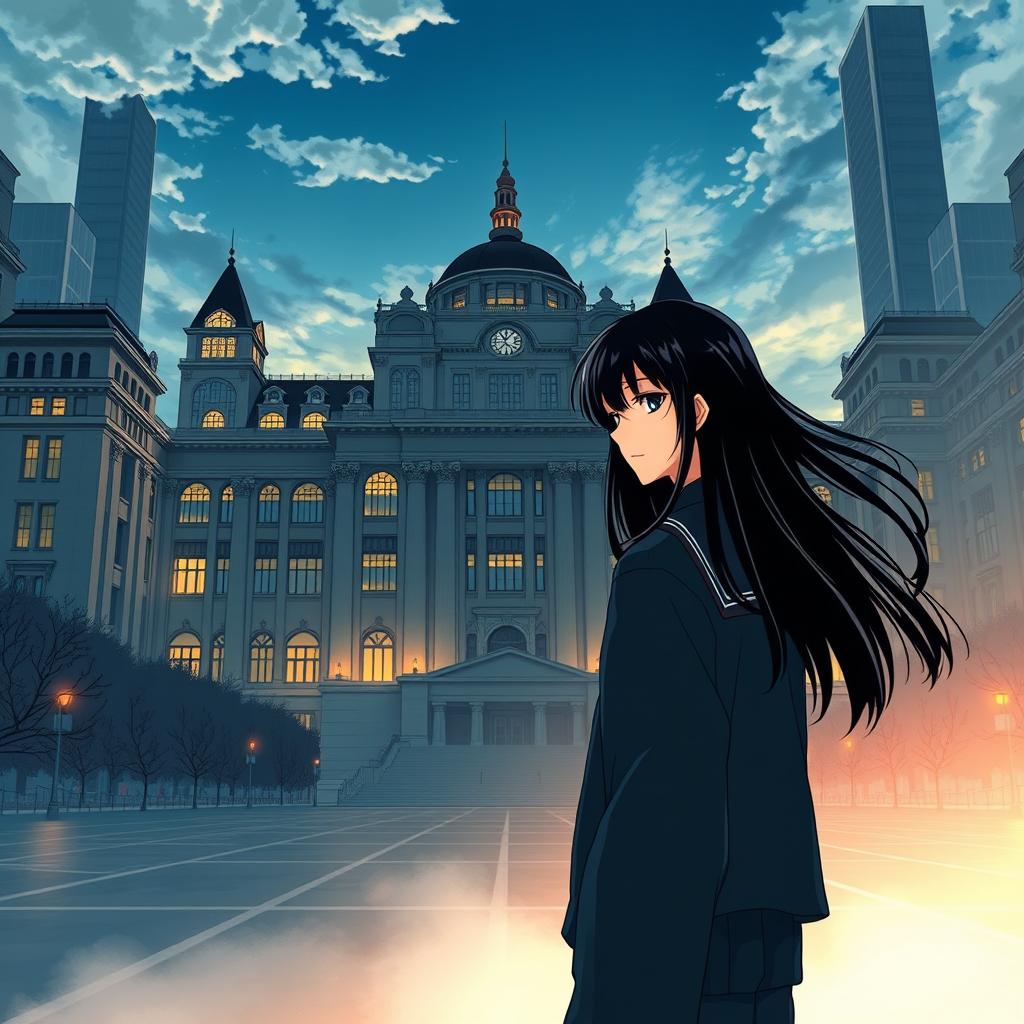 Anime-style novel cover depicting a grand and modern school standing firm in the heart of the city