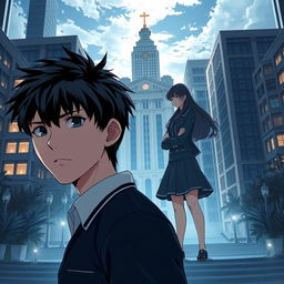 Anime-style novel cover depicting a grand and modern school standing firm in the heart of the city