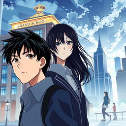 Anime-style novel cover depicting a grand and modern school standing firm in the heart of the city