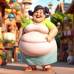 A Pixar-style animated character design of a fat, obese SSSBBW woman