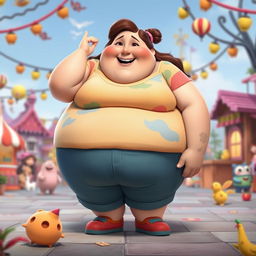 A Pixar-style animated character design of a fat, obese SSSBBW woman