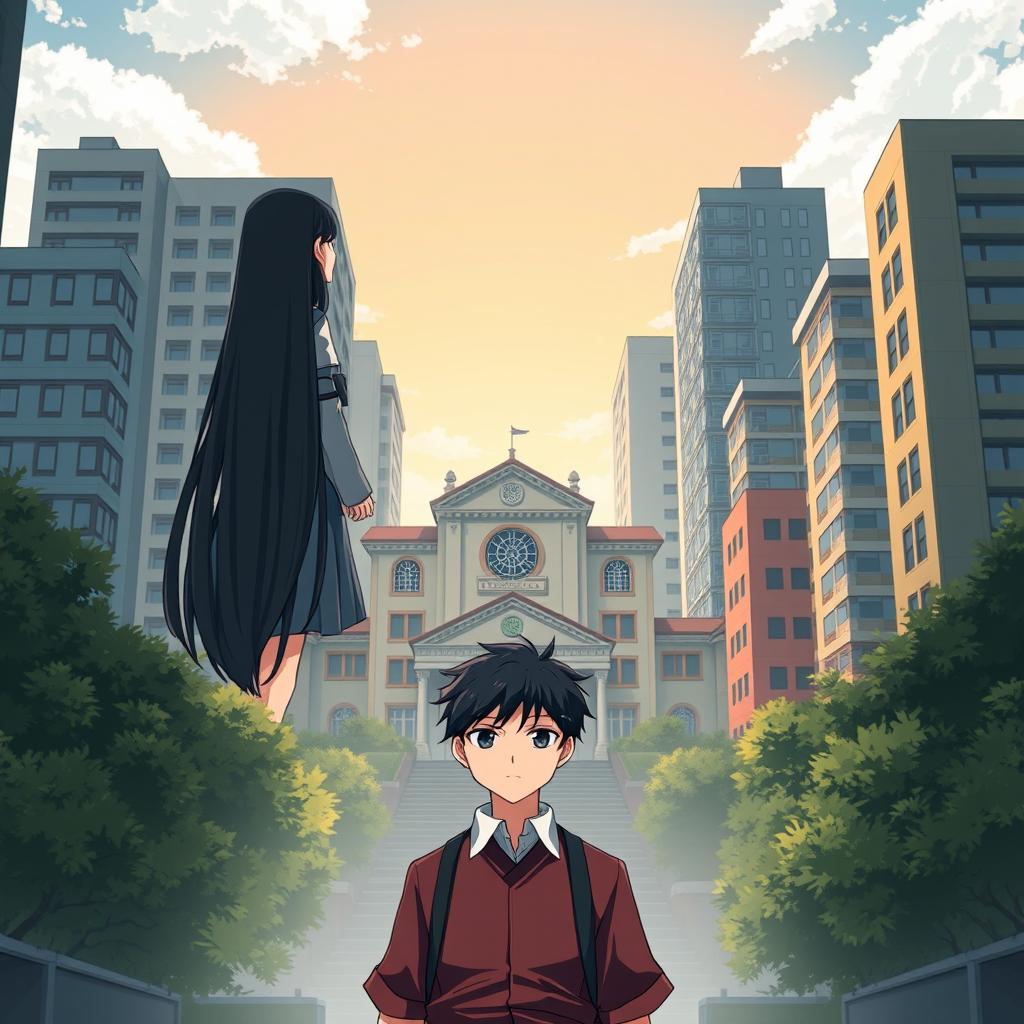 Anime-style novel cover featuring a modern school in the middle of a city landscape