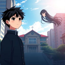 Anime-style novel cover featuring a modern school in the middle of a city landscape