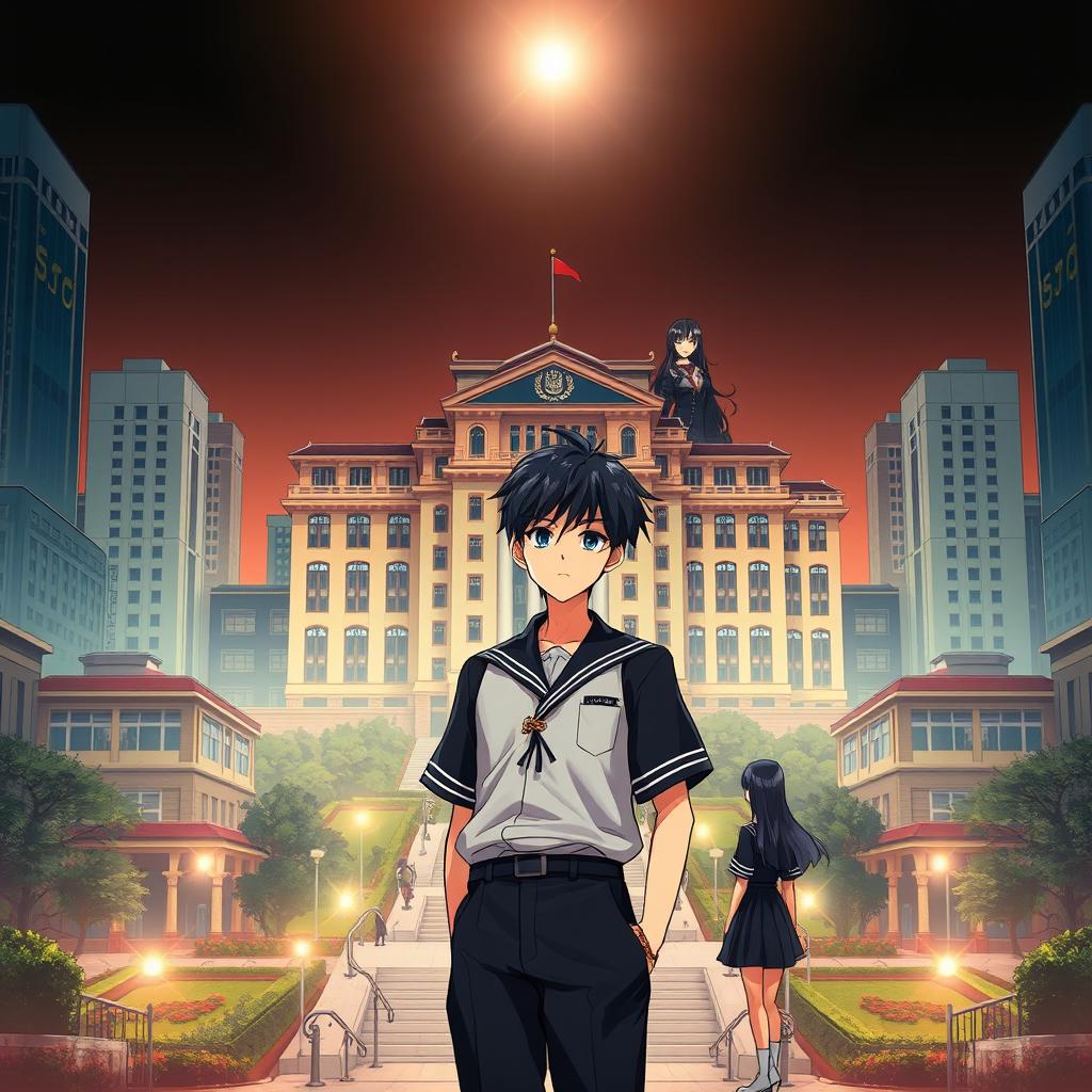 Anime-style novel cover featuring a grand, modern school prominently in the center of a bustling cityscape