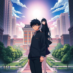 Anime-style novel cover featuring a grand, modern school prominently in the center of a bustling cityscape