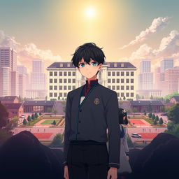 Anime-style novel cover featuring a grand, modern school prominently in the center of a bustling cityscape