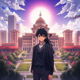 Anime-style novel cover featuring a grand, modern school prominently in the center of a bustling cityscape