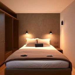 A well decorated room featuring a large 6x6 bed, with a stylish wardrobe nearby, under soft, ambient lighting.