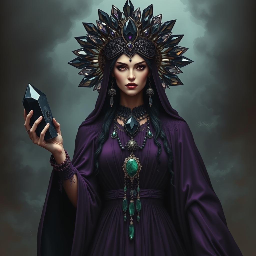 A stunning portrayal of the Goddess of Death, exuding a powerful presence in a deep purple dress that symbolizes mystery and transformation