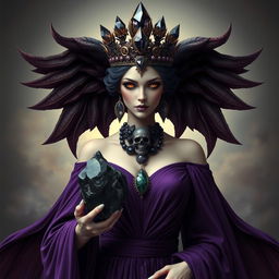 A stunning portrayal of the Goddess of Death, exuding a powerful presence in a deep purple dress that symbolizes mystery and transformation