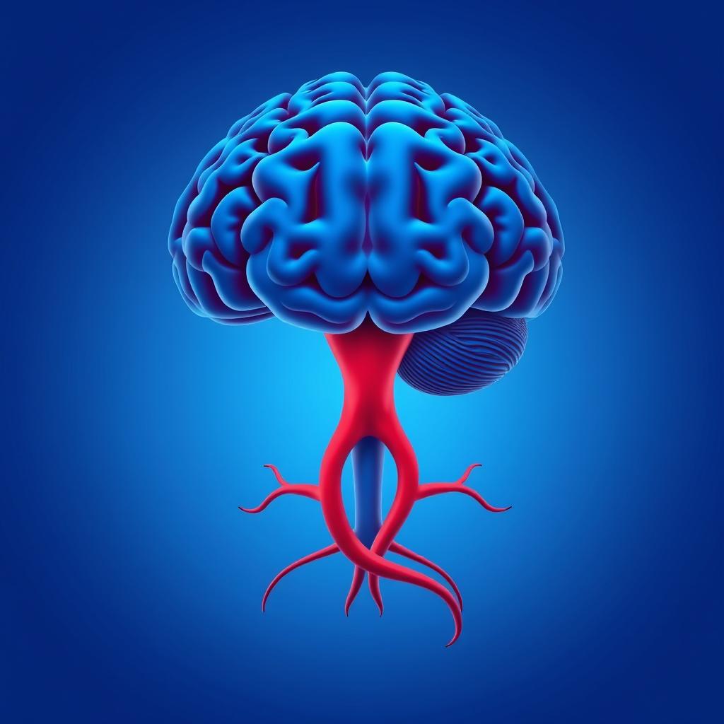 A stylized cold brain in blue tones with a subtle representation of the brain, positioned above the thyroid gland which is depicted in red tones