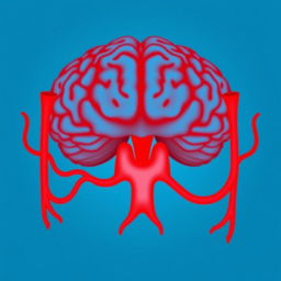 A stylized cold brain in blue tones with a subtle representation of the brain, positioned above the thyroid gland which is depicted in red tones