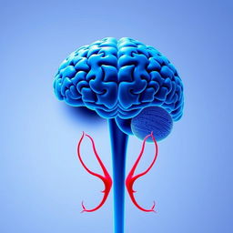 A stylized cold brain in blue tones with a subtle representation of the brain, positioned above the thyroid gland which is depicted in red tones