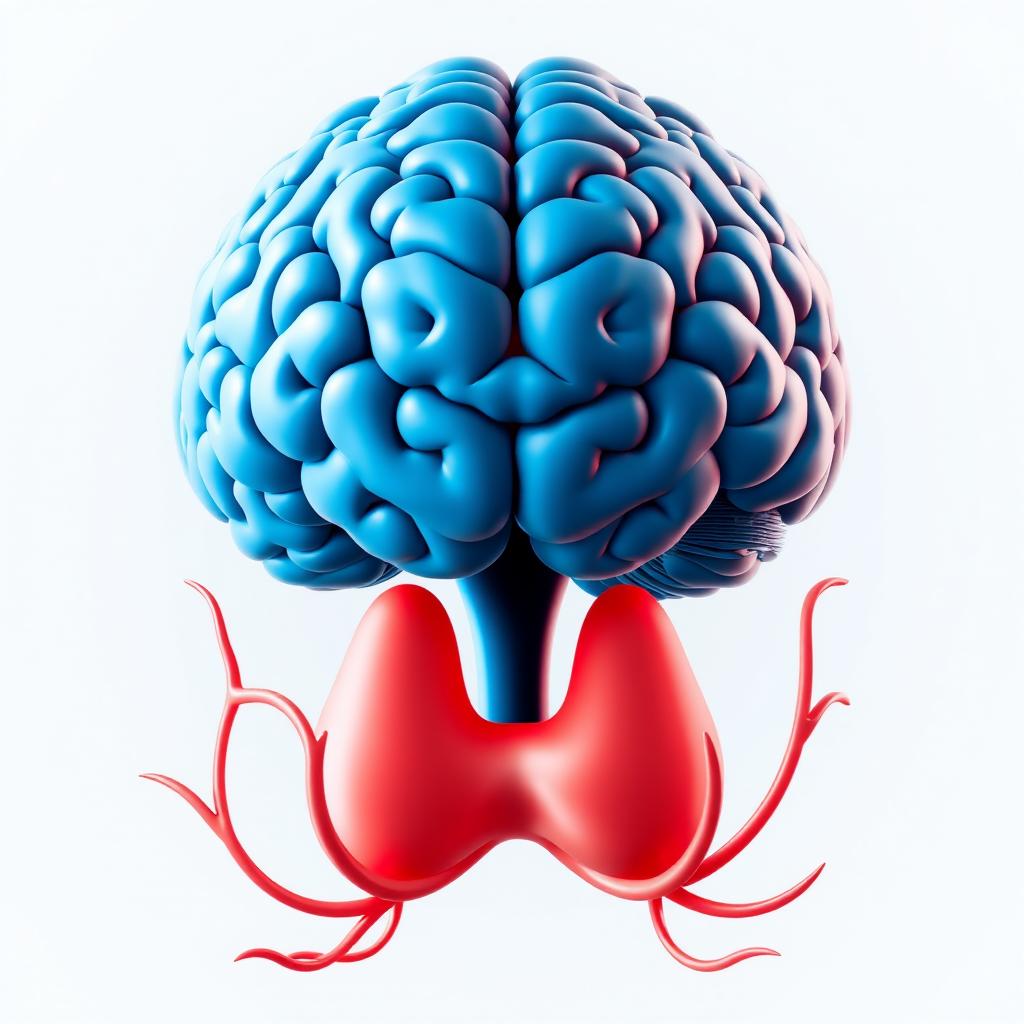 A stylized cold brain in blue tones with a subtle representation of the brain, positioned above the thyroid gland which is depicted in red tones