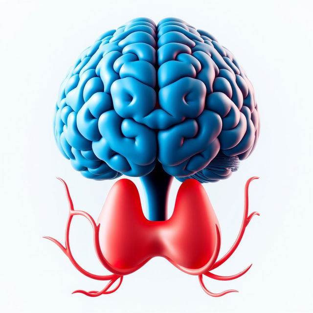 A stylized cold brain in blue tones with a subtle representation of the brain, positioned above the thyroid gland which is depicted in red tones