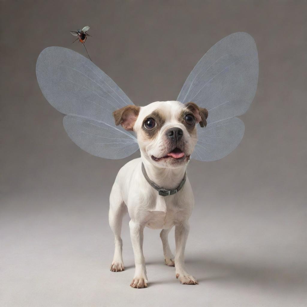 A whimsical fusion of a dog and a fly where the dog has delicate fly wings, compound fly eyes, and antenna, but retains its playful canine demeanor and form.