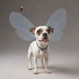 A whimsical fusion of a dog and a fly where the dog has delicate fly wings, compound fly eyes, and antenna, but retains its playful canine demeanor and form.