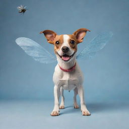 A whimsical fusion of a dog and a fly where the dog has delicate fly wings, compound fly eyes, and antenna, but retains its playful canine demeanor and form.