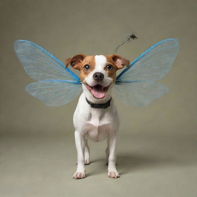 A whimsical fusion of a dog and a fly where the dog has delicate fly wings, compound fly eyes, and antenna, but retains its playful canine demeanor and form.