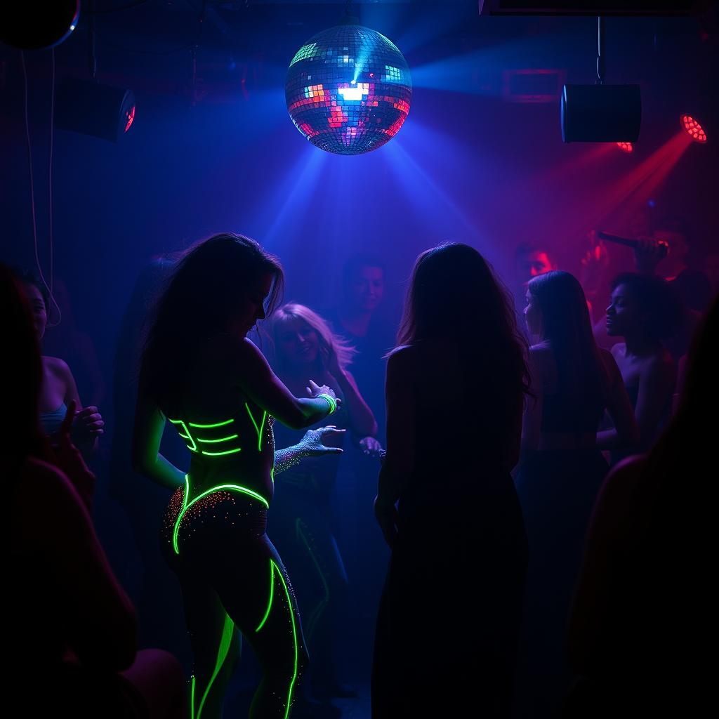 a dimly lit underground club scene filled with exotic dancers wearing neon body paint and glitter, a seductive and mysterious atmosphere with shimmering lights reflecting off a disco ball, silhouettes of people enjoying the sensual dance performances, a mesmerizing play of light and shadow, giving the scene an alluring and tantalizing feel