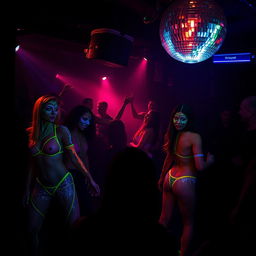 a dimly lit underground club scene filled with exotic dancers wearing neon body paint and glitter, a seductive and mysterious atmosphere with shimmering lights reflecting off a disco ball, silhouettes of people enjoying the sensual dance performances, a mesmerizing play of light and shadow, giving the scene an alluring and tantalizing feel