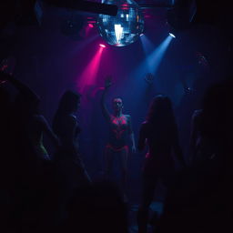 a dimly lit underground club scene filled with exotic dancers wearing neon body paint and glitter, a seductive and mysterious atmosphere with shimmering lights reflecting off a disco ball, silhouettes of people enjoying the sensual dance performances, a mesmerizing play of light and shadow, giving the scene an alluring and tantalizing feel