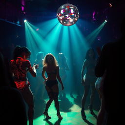 a dimly lit underground club scene filled with exotic dancers wearing neon body paint and glitter, a seductive and mysterious atmosphere with shimmering lights reflecting off a disco ball, silhouettes of people enjoying the sensual dance performances, a mesmerizing play of light and shadow, giving the scene an alluring and tantalizing feel