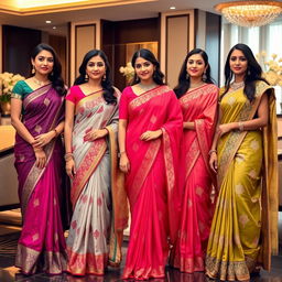 A group of Indian women wearing elegant sarees in vibrant colors and delicate patterns