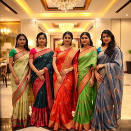 A group of Indian women wearing elegant sarees in vibrant colors and delicate patterns