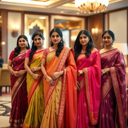 A group of Indian women wearing elegant sarees in vibrant colors and delicate patterns