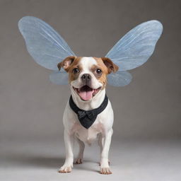 A whimsical fusion of a dog and a fly where the dog has delicate fly wings, compound fly eyes, and antenna, but retains its playful canine demeanor and form.