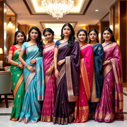 A group of Indian women wearing elegant sarees in vibrant colors and delicate patterns